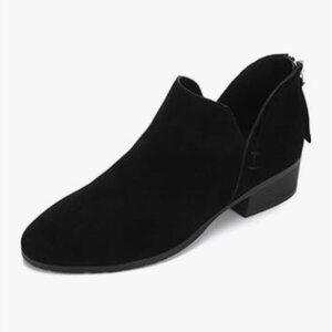 YDN Black Almond Toe Block Low Heel Ankle Bootie Classic V Cut Back Zippers Shoe